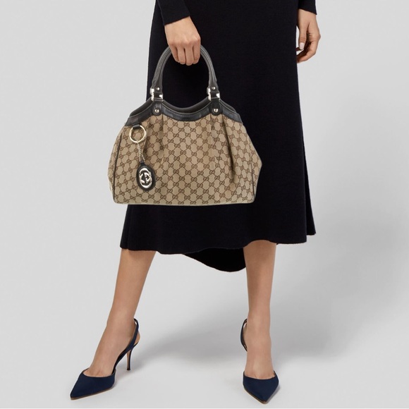 Gucci medium Sukey canvas leather tote bag authentic neutral brown tan - Picture 2 of 16